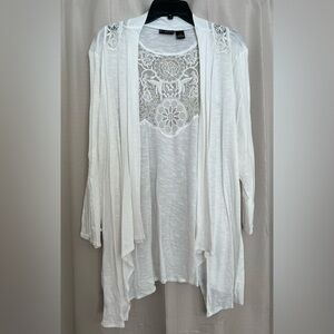 Bay Studio Plus White Open Front Cardigan with Crochet Lace Back 3X